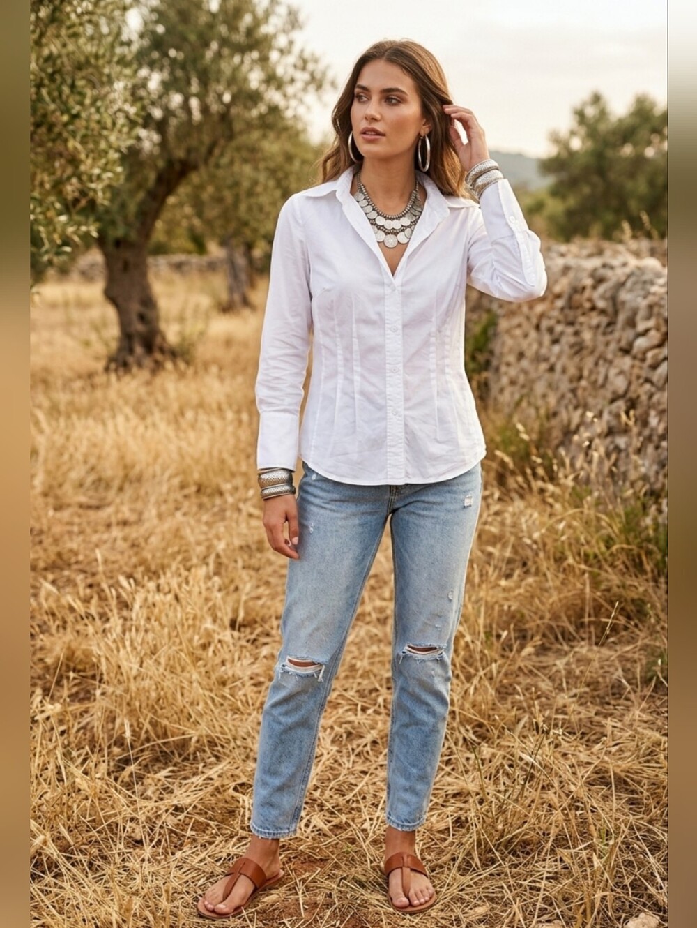 Crisp Tailored Cottagecore Cotton Stretch White Button Down Shirt Vintage Barami